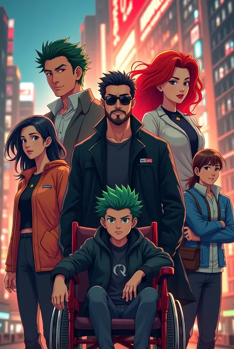 create an anime-style image featuring a 15-year-old boy with green hair, a japanese man, an american woman with red hair, a russian man in a black trench coat with shades, and a chinese woman in a wheelchair, with the text “code red hero.”