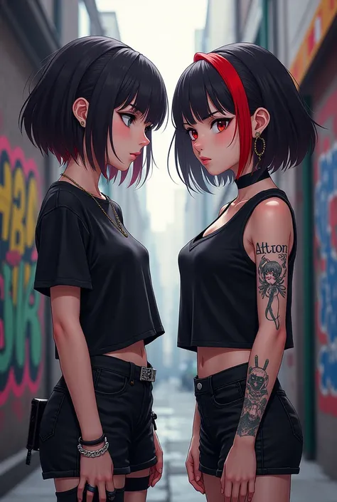 Two girls, one with short hair and red streak in the bangs with a tattoo and black clothes and another with short hair down to the chin with cute and delicate clothes 