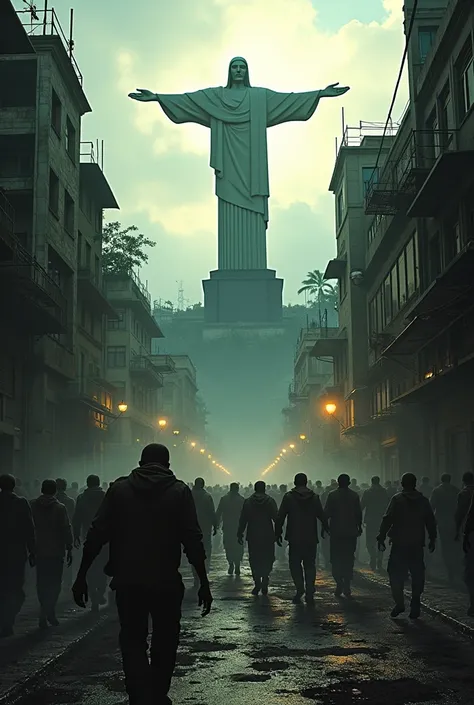 Make a game cover with the name Rio de Janeiro Hell and with Christ the Redeemer in the background and several zombies 