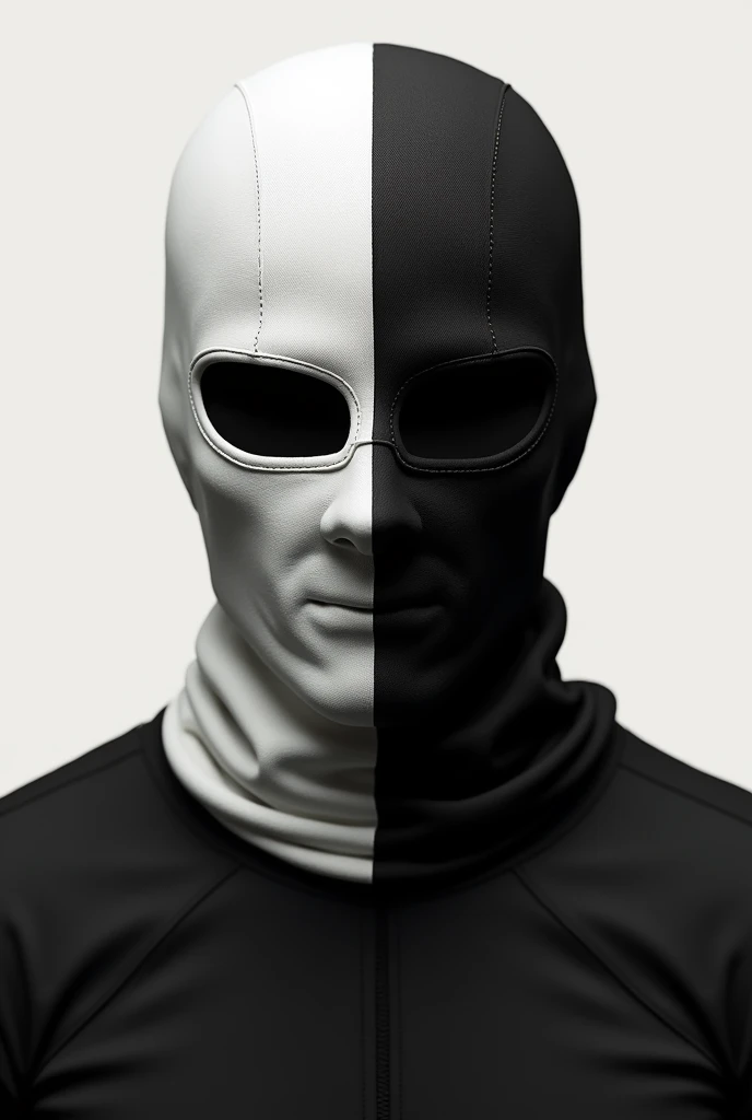 Create me a storm mask that is black on the right side and white on the left ONLY THE STORM MASK NO PERSON NO SWEATER NO NO GLASSES.
It must look male and no face can be seen, only the balaclava