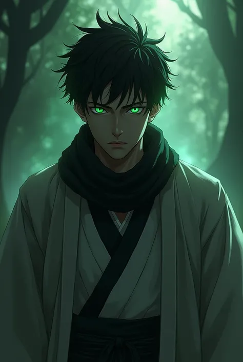 tasiho period Japanese man, dark aesthetic, moody, eerie, aura, menacing, intimidating, mature, overwhelming presence, spiritual pressure, cool guy, stern look, short curly black hair,  four green eyes, black scarf, white haori, black undershirt