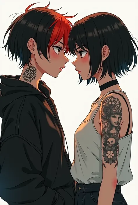 Two girls, one with short masculine hair and red streak in the fringe with tattoo and black clothes and another with short hair down to the chin with cute and delicate clothes and fringe 
