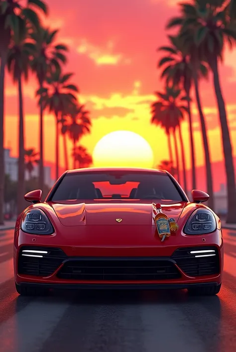 A red Porsche Panamera facing forward with a sunset background resembling the final scene of Grand Theft Auto 5 game including some palm trees, a joint and a blue label whiskey decorating both sides and everything is topped by a phrase in black letters in ...