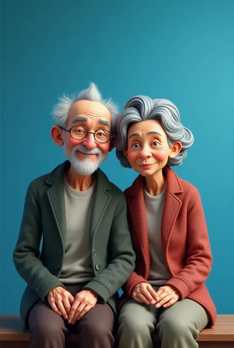 Grandfather and grandmother who look real, not cartoonish, sitting on a blue background
