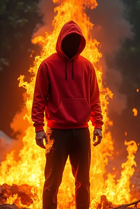 A guy on a red hoodie black pants on fire