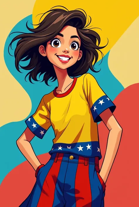 Female model with clothing inspired by the colors of the Venezuelan flag, cartoon 