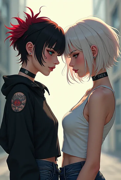 Two girls, one with short masculine hair and red streak in the fringe with tattoo and black clothes and another with short hair down to the chin with delicate pink clothes and fringe 
