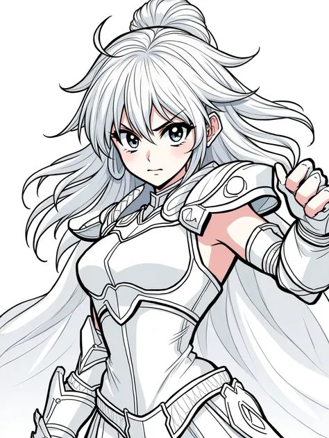 Coloring book of girl king of the zodiac skull, detailed face and eyes of hers, grey hair, white armor, helmet , Saint Seiya, 2023s Anime, Sketch, bold outline, bold colors, simplified features, tri-color, White , blond skin, action pose,