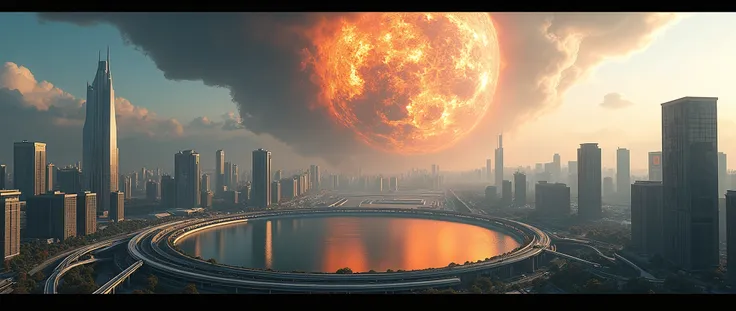 ((RAW photo), (masterpiece, best quality), (A modern, futuristic city, monorail, glass skyscrapers, central round lake), being destroyed by a huge meteorite, ((impact photo in progress, a few meters before touching the ground)), (hyperrealism, cinematic li...