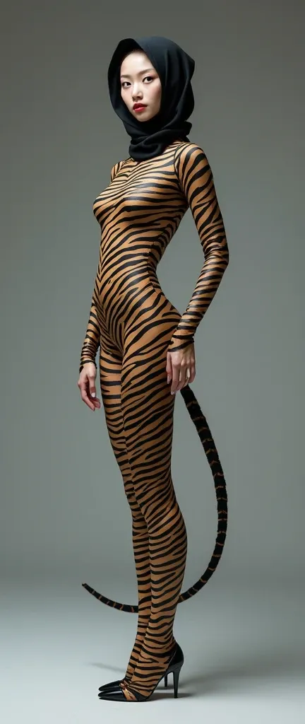 a most beautiful and thin 38 years old chinese contortion woman is wearing a glasses wears zebra lycra footed turtleneck unitard catsuit with a tail.She always wear lycra dancewear unitard hijab-like hood.She is the most beautiful and has beautiful cheeks....