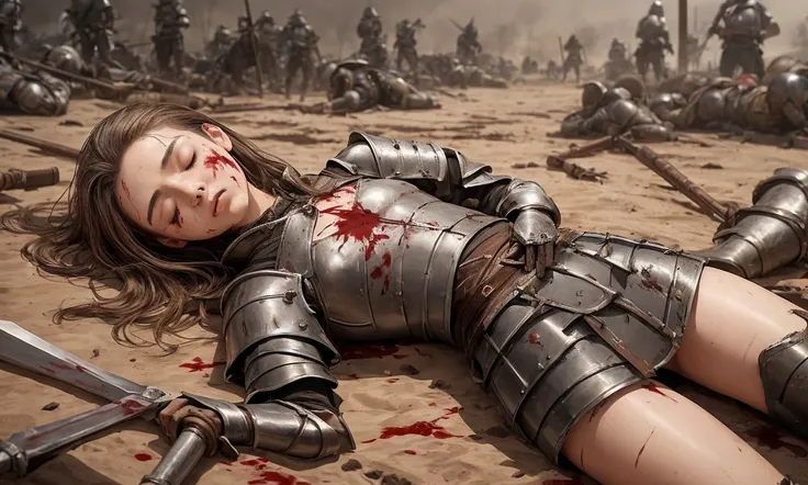 masterpiece, best quality, absurdres, perfect anatomy, perfect body, correct bodystructure, correct body, a 1girl, , flat chest, childish body, long straight brunette hair, closed eyes, small sad, thick thighs, small medieval armor, lying on floor, blood o...