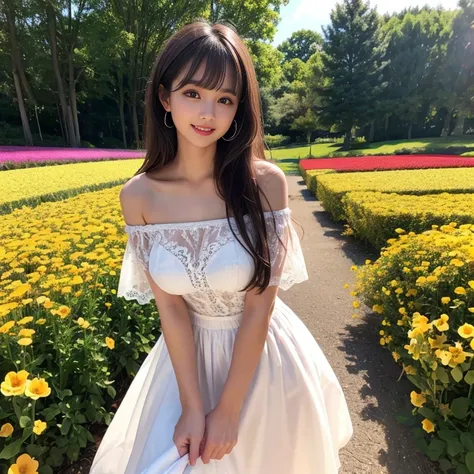 long skirt,in the flower field，Wear a dress，rotate，1 female, On the face, laughing out loud, light brown hair, blunt bangs, hair behind ears, Shoulder-length hair, long hair, Slender body type, 超face slimming型, face slimming, delicate lips, beautiful eyes,...