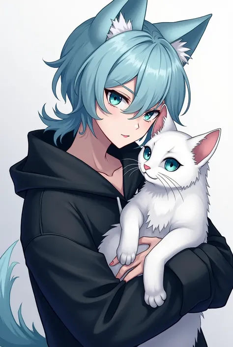 a handsome boy, light blue hair masculine mulet hairstyle ,blue-green eyes with slightly black pupils, black hoodie outfit, holding a long-haired white cat, The boy with the wolf tail and ears is gorgeous.,