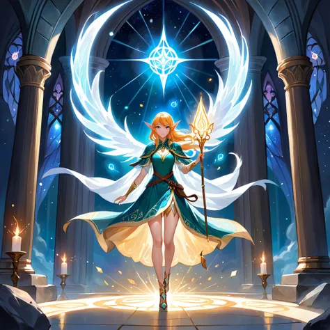 Masterpiece, Extremely detailed, best quality, photorealistic, magnificent, celestial, ethereal, epic, majestic, magical, fantasy art, cover art, dreamy, painterly, full body shot, BREAK, ethereal fantasy concept art of a brave elf dnd wizardess., staff in...