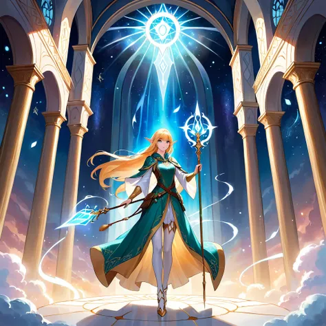 Masterpiece, Extremely detailed, best quality, photorealistic, magnificent, celestial, ethereal, epic, majestic, magical, fantasy art, cover art, dreamy, painterly, full body shot, BREAK, ethereal fantasy concept art of a brave elf dnd wizardess., staff in...