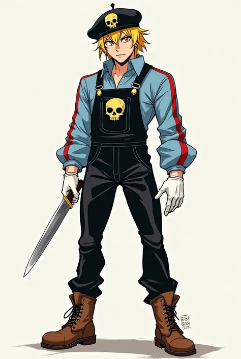 (Manga Type Drawing) Man with dark powers Wearing black overalls, a sky blue long-sleeved, long-collared shirt with red stripes, white gloves, brown boots, yellow and gold hair, a beret with a skull in the center, holding a knife with his right hand and ex...