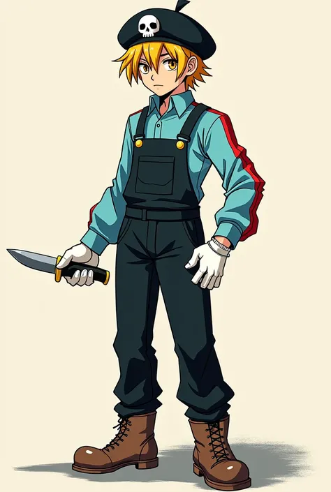 (Manga Type Drawing) Man with dark powers Wearing black overalls, a sky blue long-sleeved, long-collared shirt with red stripes, white gloves, brown boots, yellow and gold hair, a beret with a skull in the center, holding a knife with his right hand and ex...