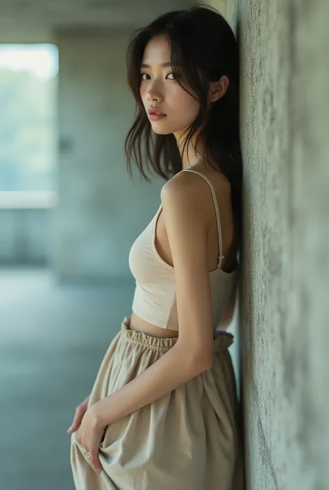 editorial photography,super detailed background,Super realistic,double exposure,depth of field,beauty super slender skinny young vides,soft focus pure tone,narrative scene,Plain color lyocell camisole,lean against the concrete wall,from directly below,A-cu...