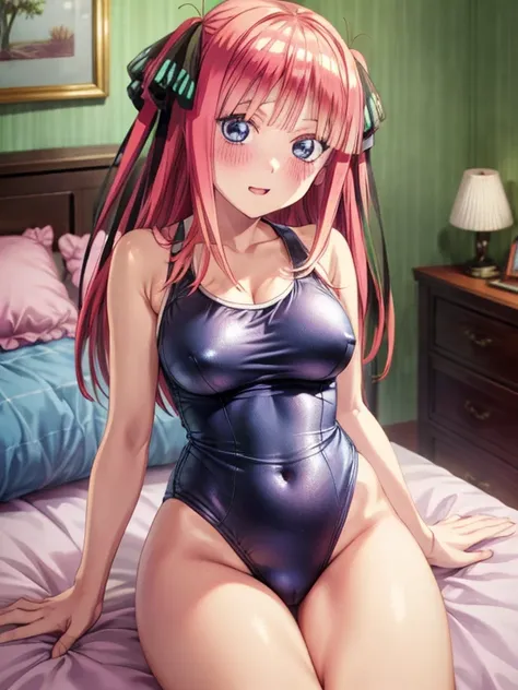 best quality, insanely detailed, nino nakano, breasts, blush, bedroom background, looking at viewer, cheerful eyes,arousal, one-piece swimsuit,add_detail:0.5