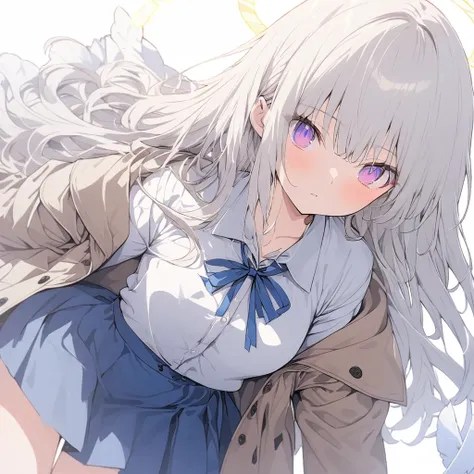 (((anime))) One standing angel,The angel has,Glowing angel halo,yellow,white large plumage (Gray Hair),Long Hair,Small red ribbon (yellowい目), Wearing a beige coat,The front is free,A worn out dress shirt,Blue ribbon,Navy blue mini skirt White background,Re...