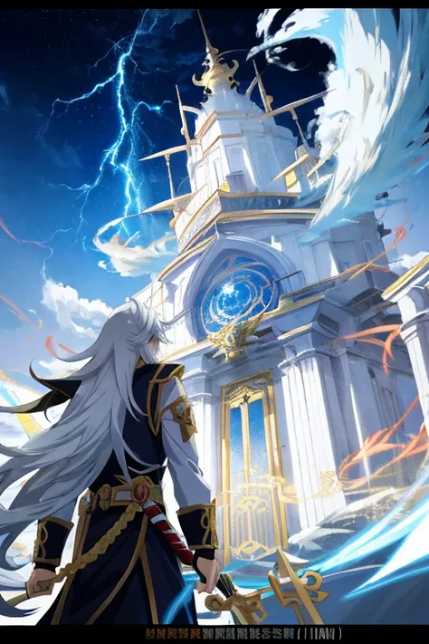 Anime male character with long white hair and yellow eyes standing in front of lightning, portrait of dragoon, Key anime art, White-haired god, Detailed key anime art, (постер фильма), Portrait knights of the zodiac, shadowverse style