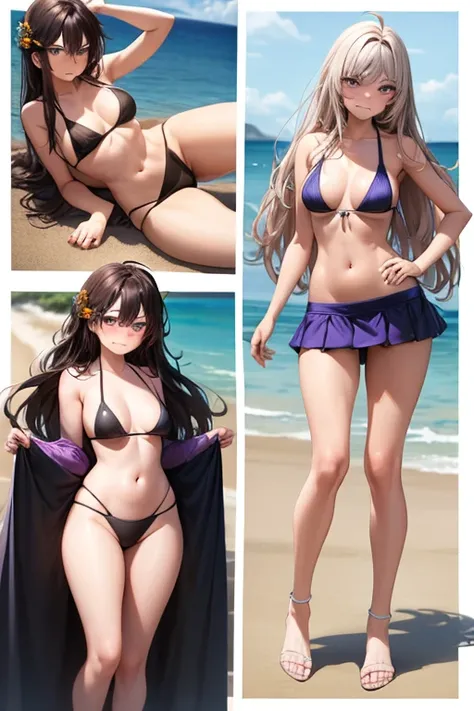 ((best quality)), ((masterpiece)), (detailed), four pictures of a woman in a bikini posing on a beach, 4 people, 4 girls gathered on the beach, photo pose, a girl, full body, 20 years old, young adult, happy face, smile, young adult, tall, blue eyes, long ...