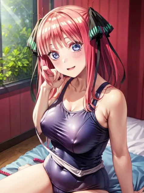 best quality, insanely detailed, nino nakano, breasts, blush, bedroom background, looking at viewer, cheerful eyes,arousal, one-piece swimsuit,add_detail:0.5