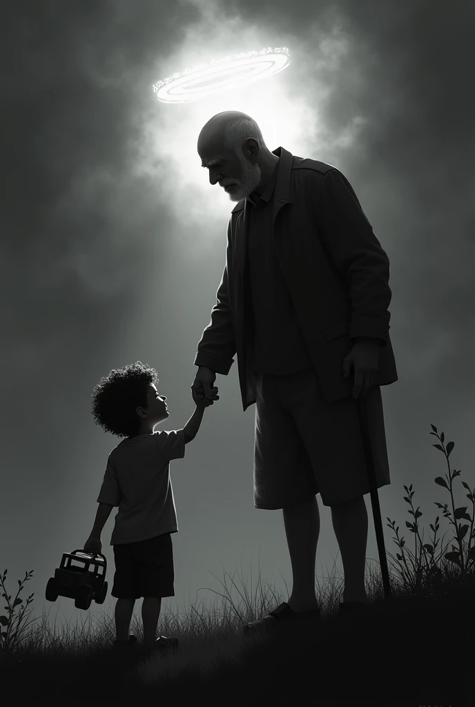 black and white silhouette, 7 year old boy, dark brown curly hair, He has a wooden truck in his hand. He takes his dad&#39;s hand, 70 years old, short hair, bald in the center of the head. Dad is levitating into the sky, Dad has an angel halo. Both are on ...