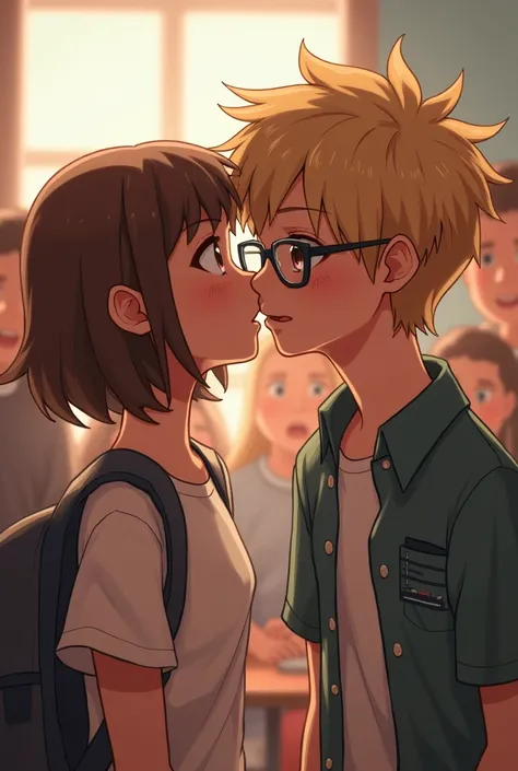 1 boy, 1 girl, kissing in class, both 13 years old, everyone looking, girl has short brown hair, boy has glasses and dirty blonde hair, both very happy but surprised 