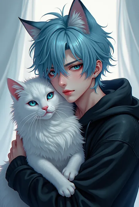 A guy with a super handsome face, masculine face, light blue hair masculine mulet hairstyle ,blue-green eyes, slightly black pupils, sharp eyelids, black hoodie outfit, holding a long-haired white cat, The boy with the wolf tail and ears is gorgeous.,