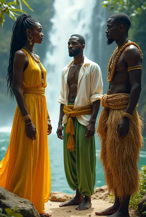 A black woman in a yellow dress, a black man dressed in white, a black man dressed in green and a black man covered in straw clothes up to his head at a waterfall 