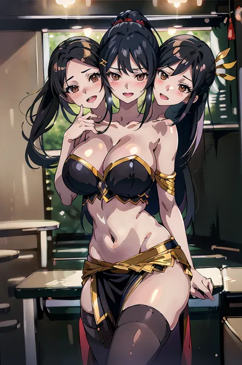 1girl, chabashira sae, (3heads:1.5), open belly, very huge breasts, long hair, (black hair:1.5), hair ornament, (brown eyes:1.3), ponytail, hairclip, evil smile, blush, lipstick, masterpiece, best quality, highly detailed, fantasy , a anime girls in armore...