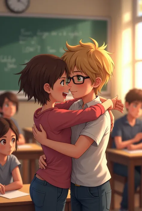 1 boy, 1 girl, kissing in class, both 13 years old, everyone looking, girl has short brown hair, boy has glasses and dirty blonde hair, both very happy but surprised, hugging very tightly 