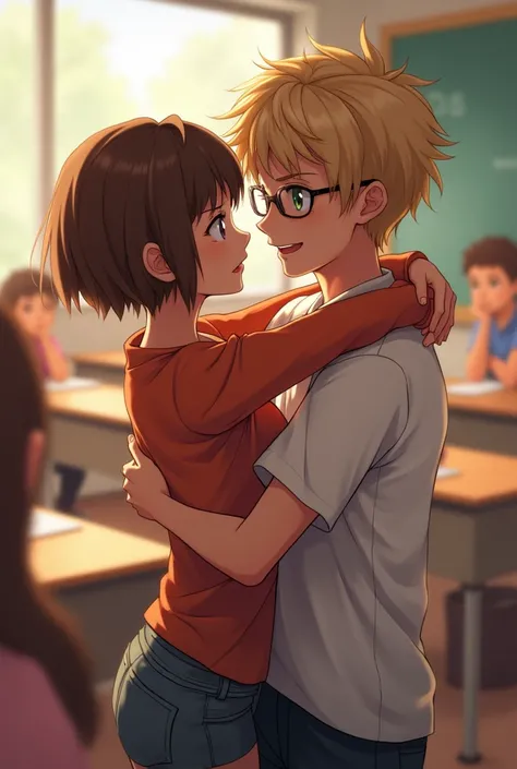 1 boy, 1 girl, kissing in class, both 13 years old, everyone looking, girl has short brown hair, boy has glasses and dirty blonde hair, both very happy but surprised, hugging very tightly 