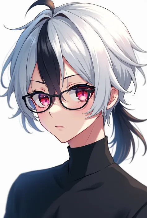 Young man with white hair and black tips and a ponytail and eyes of two different colors and glasses anime version 