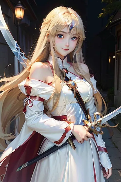 Anime girl with long hair and white dress holding a sword, Anime Goddess, With a sword on his shoulder, SAO-style anime, High School DXD, Female Anime Characters, Long Haired Blonde Anime,Blue Eyes,(smile:1.2),Hold the rapier in front of your chest,Rin々A g...