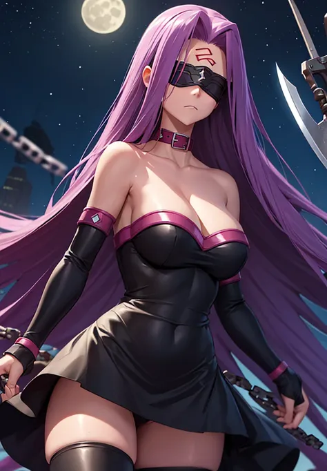 score_9, score_8_up, score_7_up, source_anime, medusarider, medusa rider, long hair, very long hair, purple hair, facial mark, forehead mark, thighhighs, dress, cleavage, bare shoulders, detached sleeves, black dress, collar, strapless, strapless dress, bl...