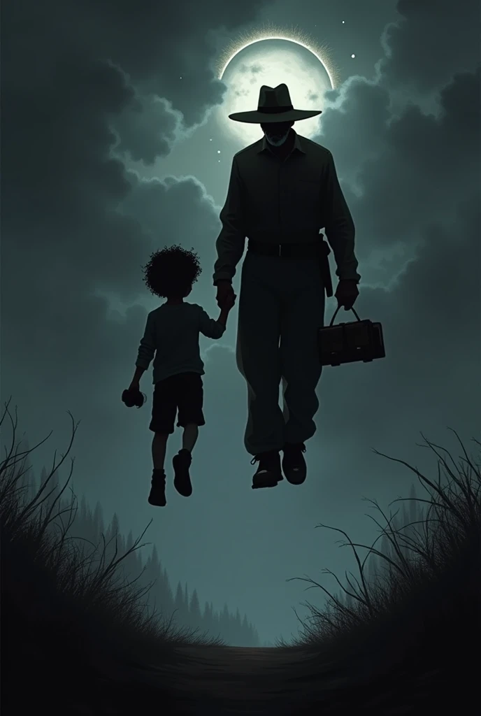 black and white silhouette, 7 year old boy, dark brown curly hair, He has a wooden truck in his hand. He takes his dad&#39;s hand, 70 years old, short hair, cattleman&#39;s hat. Dad is levitating into the sky, Dad has an angel halo. Both are on their backs...