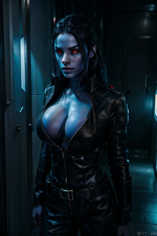 A female Chiss with blue skin, black hair, and red eyes, wearing a black jumpsuit, tool belt, in a full body pose, standing next to a window in the hallway of a spaceship, (best quality,4k,8k,highres,masterpiece:1.2),ultra-detailed,(realistic,photorealisti...