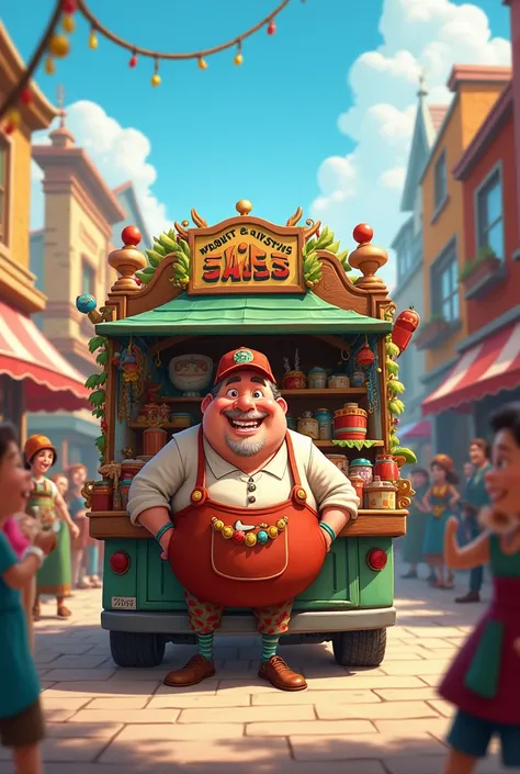 Merchant person selling from his truck in animated style
