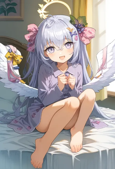 azusa (blue archive), 1girl alternate_costume angel_wings barefoot black_pajamas blanket crossed_bangs feathered_wings feet halo kneeling long_hair on_bed open_mouth pajamas purple_eyes sidelocks smile solo toes under_covers very_long_hair white_hair wings