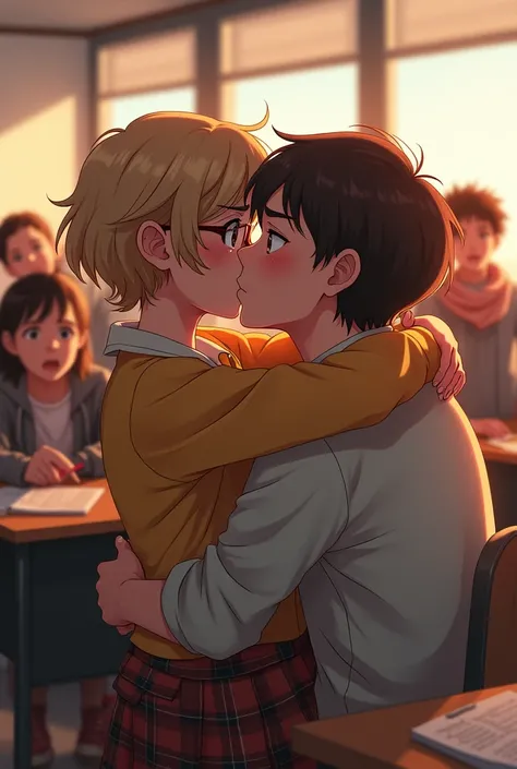 1 boy, 1 girl, kissing in class, both 13 years old, everyone starring, girl has short brown hair, boy has glasses and dirty blonde hair, both very happy but surprised, hugging very tightly, very passionate,