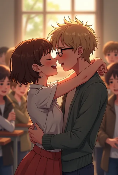 1 boy, 1 girl, kissing in class, both 13 years old, everyone starring, girl has short brown hair, boy has glasses and dirty blonde hair, both very happy but surprised, hugging very tightly, very passionate,