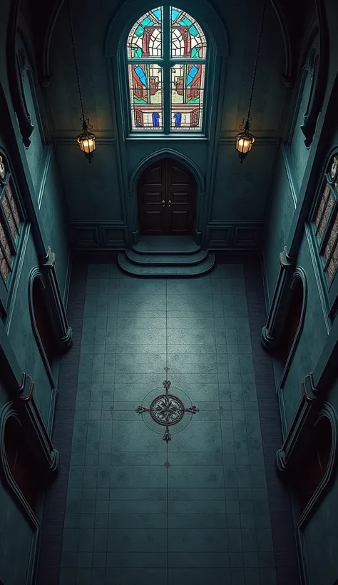 vampire the masquerade, map rpg, ((Map of the interior of a church, with a southern entrance with a double door.
)), game art, birdseye straight top-down shot from a drone, battlemap, current modern theme, seen from above, role-playing game, empty location...