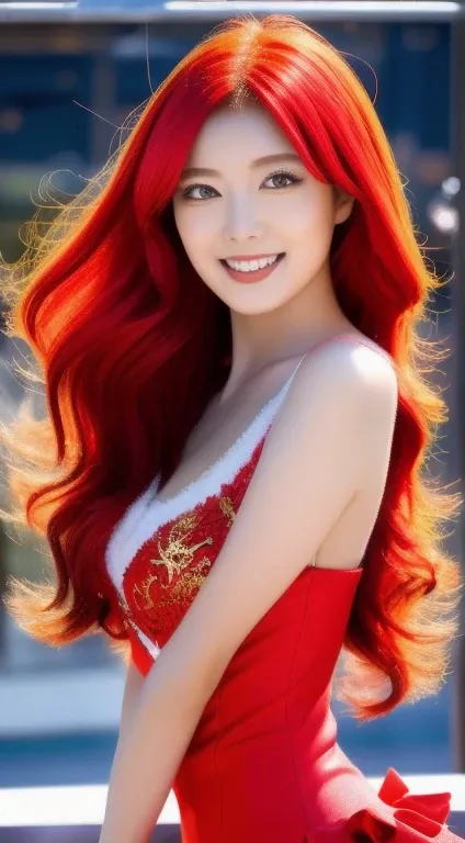 Red Nine-Tailed Dragon Girl, (Bright Red Hair), ((Big Hair)), double eyelid, Perfect figure, Nice face, Perfect Skin, black eye, spirit princess, The Age of Red、are shining on the distant planet Spica.、Red and white beams of light、A beautiful comet flies b...