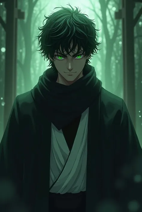 tasiho period Japanese man, dark aesthetic, moody, eerie, aura, menacing, intimidating, mature, overwhelming presence, spiritual pressure, cool guy, stern look, short curly black hair,  four green eyes, black scarf, white haori, black undershirt