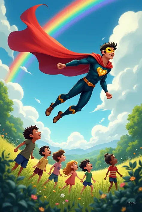 CREATE A STORY COVER WITH A SUPERHERO FLYING AND WEARING A MASK DECORATED WITH GOLDEN HEARTS AND WEARING A CAPE, IN A FIELD WHERE THERE ARE MANY HAPPY CHILDREN LOOKING UP AT THE SUPERHERO, LET&#39;S SEE A RAINBOW AND A LOT OF VEGETATION, THAT HAS AN URBAN ...