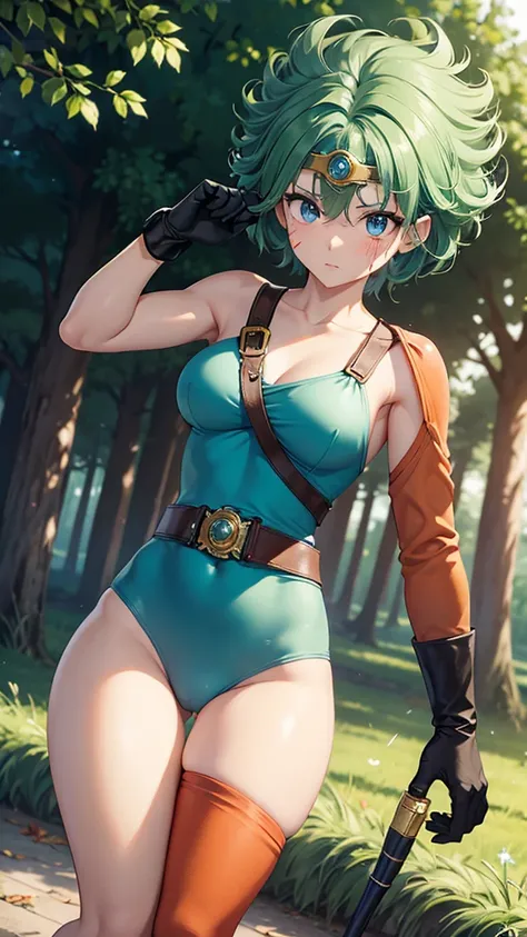 Animation worksAnimation worksMasterpieces,largely、high quality, Unreal Engine, Ultra-high resolution, Very detailed丸い胸, Medium Bust 1 person,  Waist, thin,(Muscular:0.9)
actress, 
ring, curl, Green Hair, short hair, Asymmetrical clothing, tights, sash, On...