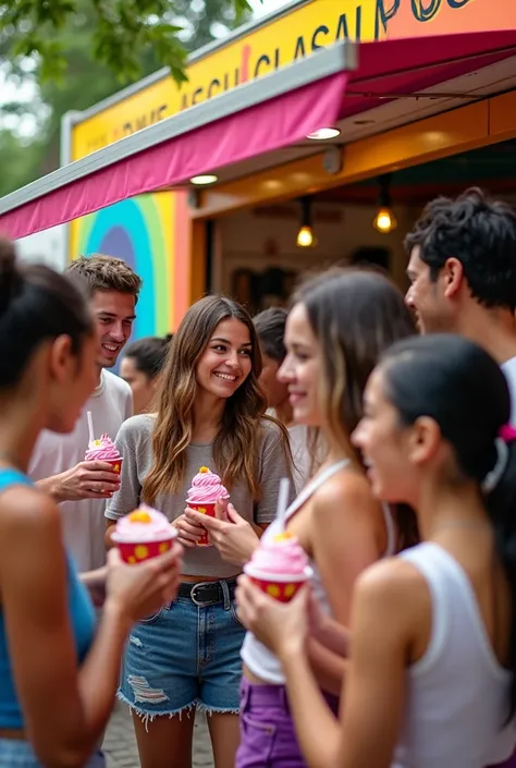 customers in front of the açaí trailer ,eating acai , ultra HD, high qualiy, best qualityer, high resolution, 8k, 16k perfection in the details
