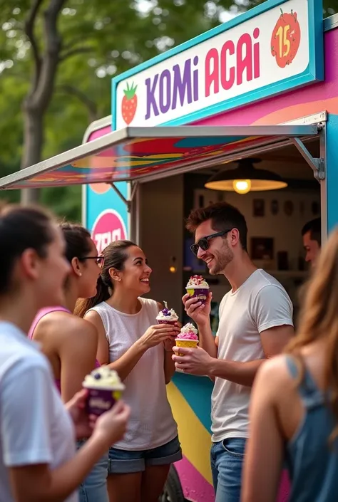 customers in front of the açaí trailer ,eating acai , ultra HD, high qualiy, best qualityer, high resolution, 8k, 16k perfection in the details
